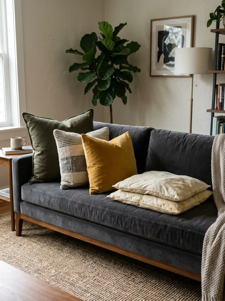 Plush decorative throw pillows with premium inserts on a sofa.