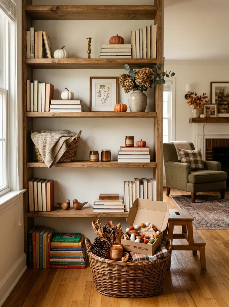 Homeowner updating decorative items on living room open shelves.