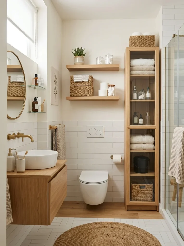 Tall cabinets and wall-mounted shelves maximizing storage in a compact bathroom.