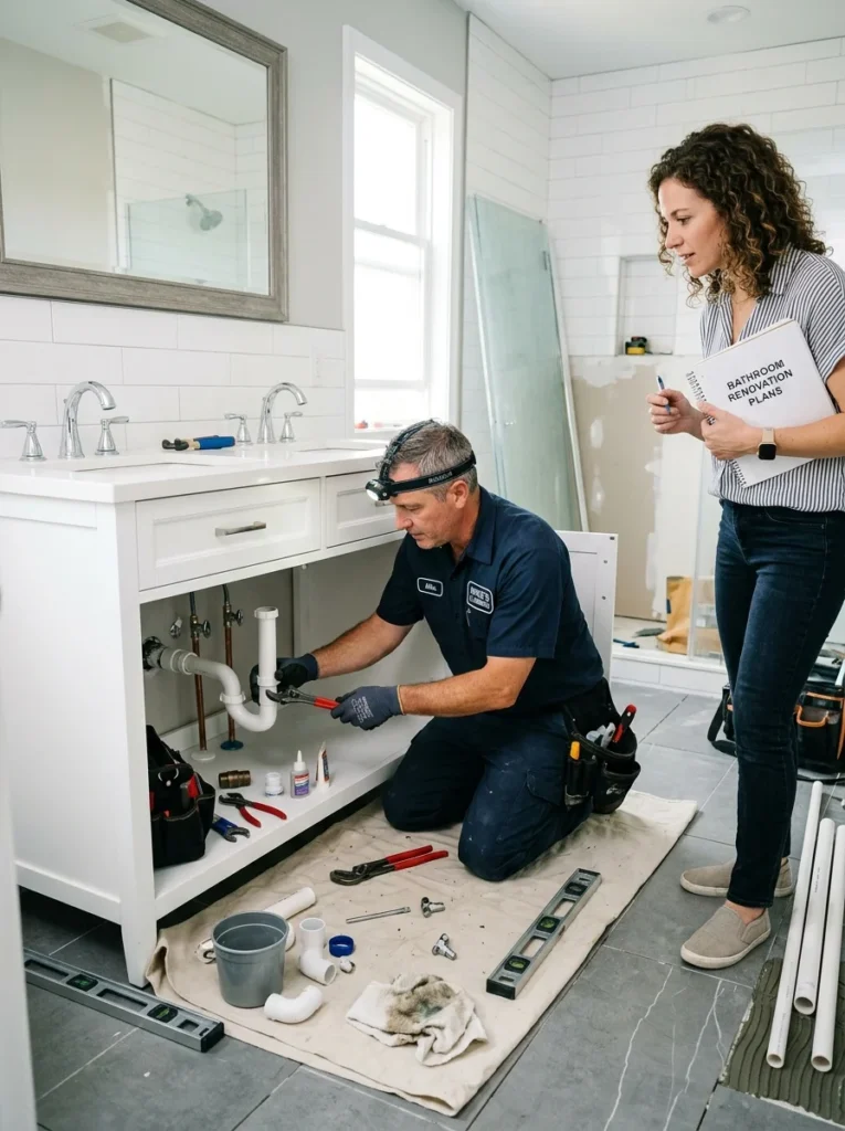 Professional plumber working on bathroom plumbing during a home renovation.
