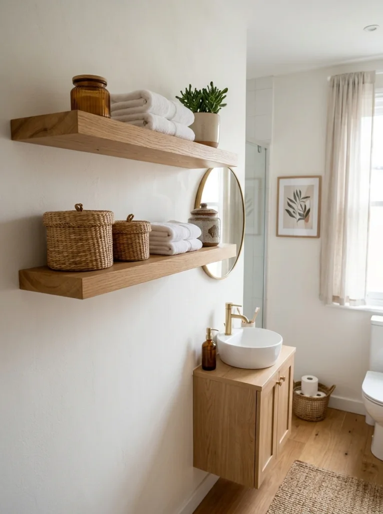 Guest bathroom with floating shelves and woven storage baskets.
