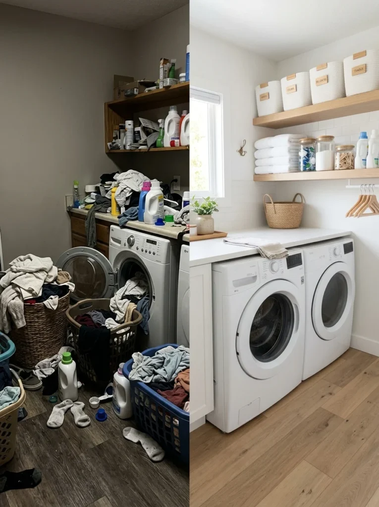 Comparison of a cluttered laundry room transformed into an organized and efficient space.