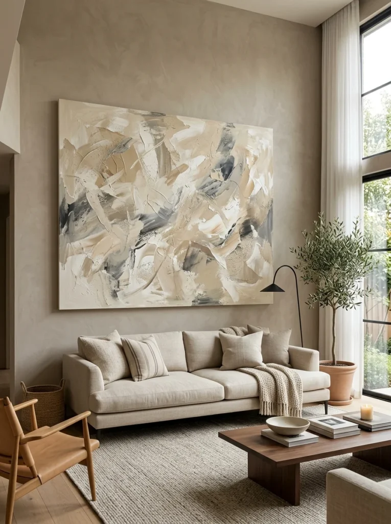 Oversized affordable wall art making a living room feel luxurious.