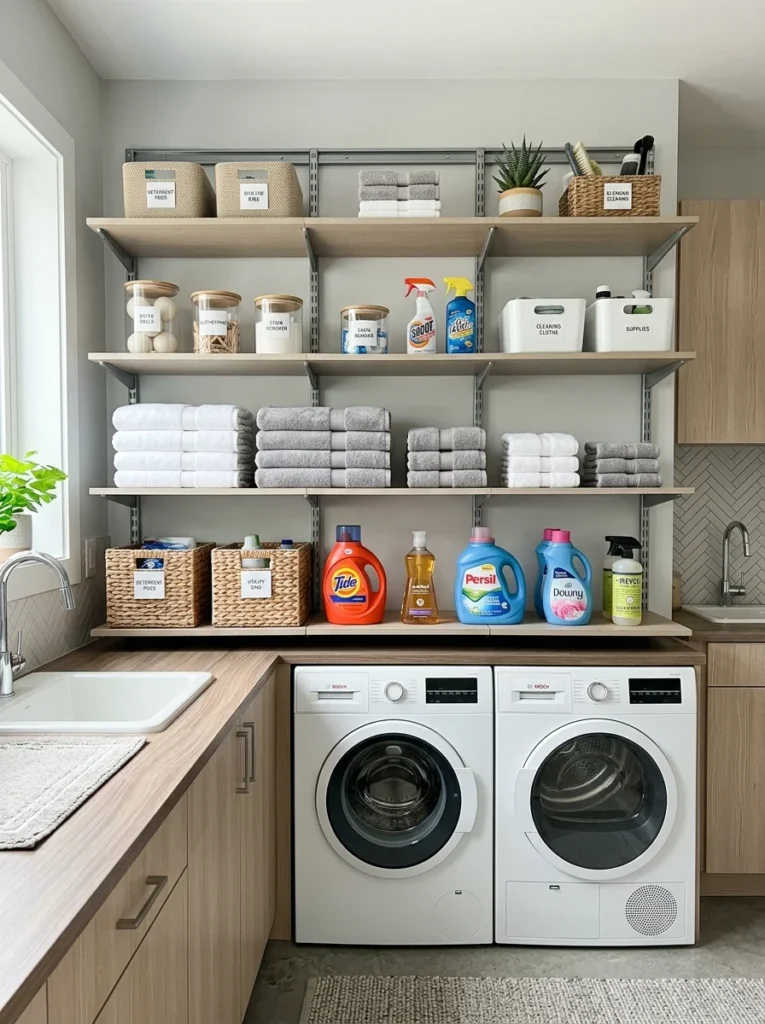 Adjustable shelving maximizing laundry room storage space.