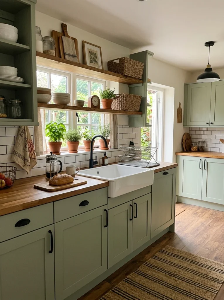 Budget farmhouse kitchen makeover using affordable decor and natural materials.