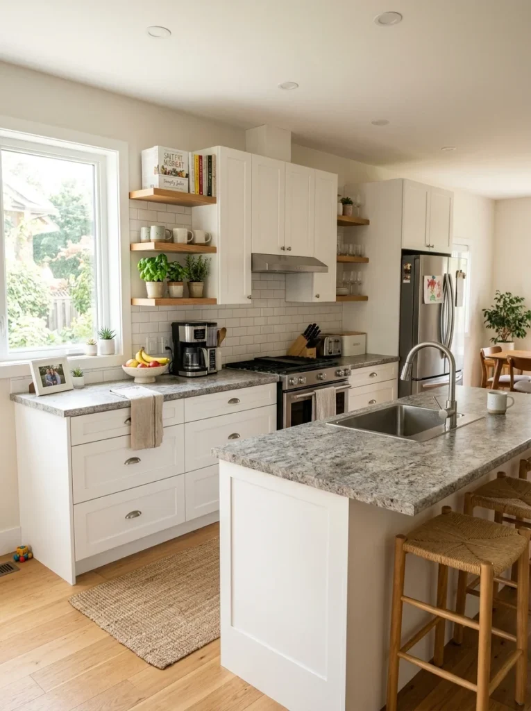 Budget-friendly kitchen with modern laminate countertops designed to resemble natural stone.