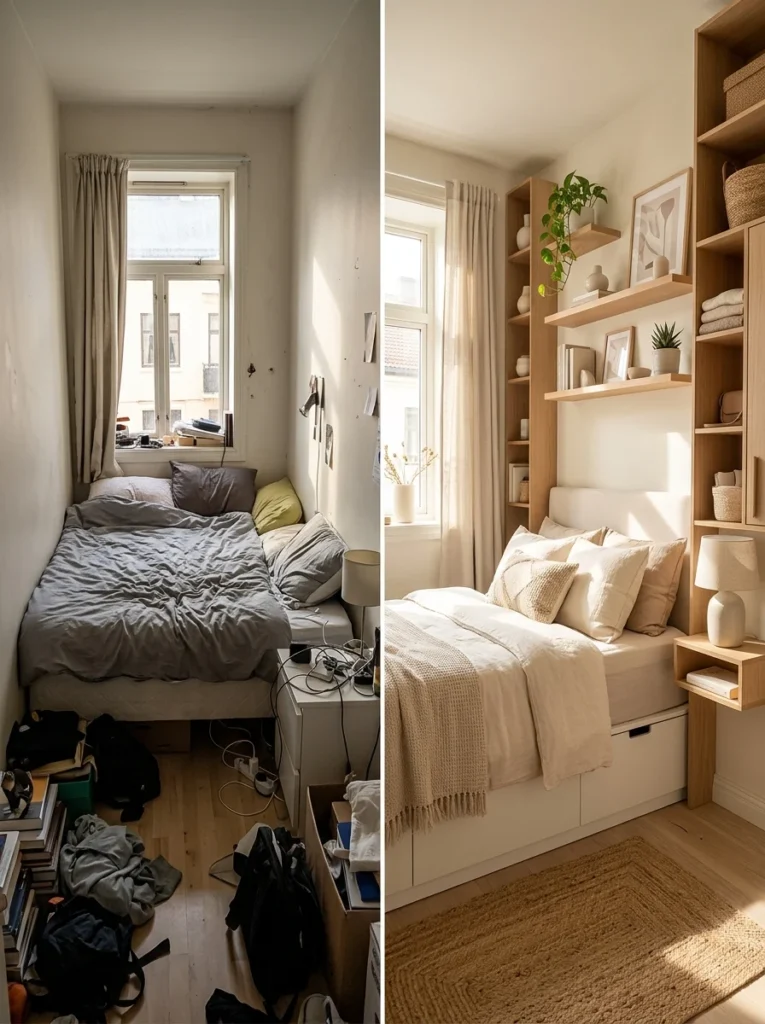 Cozy small apartment bedroom featuring space-saving furniture and smart organization ideas.