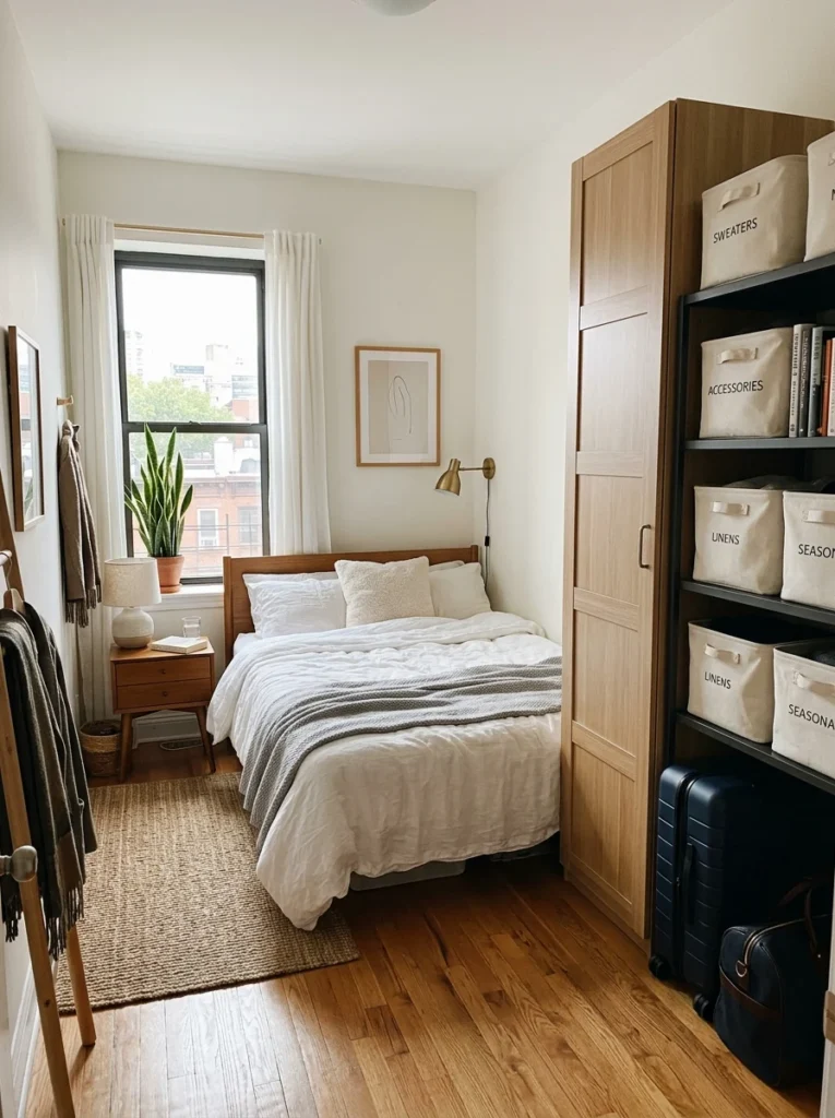 Small bedroom without a closet transformed into an organized and functional space using smart storage furniture.
