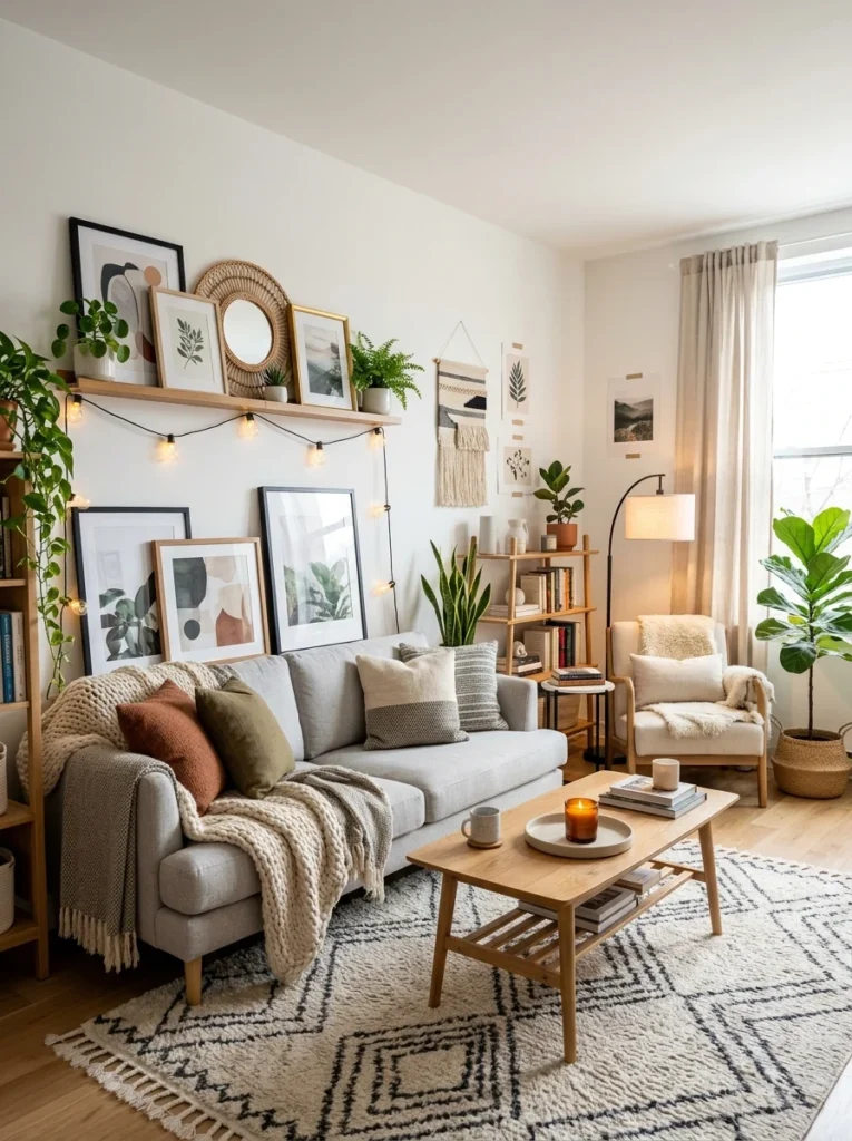 Rental apartment with stylish damage-free wall decor and cozy modern interior.