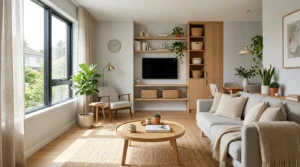 Clutter-free modern small apartment with minimalist storage solutions