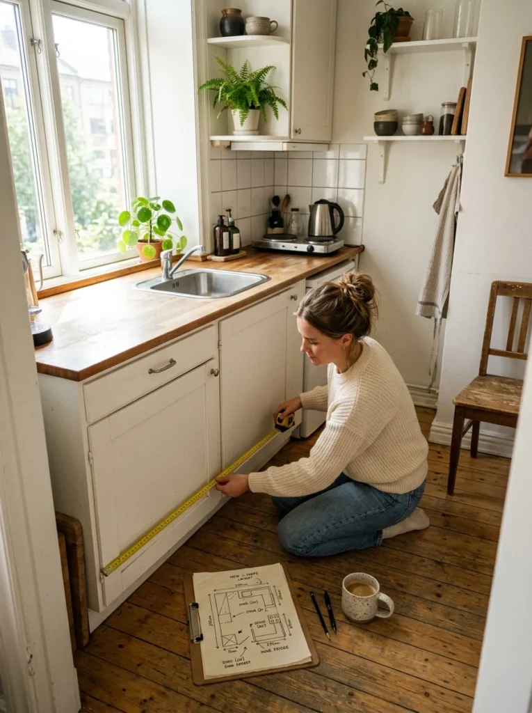 Compact apartment kitchen with floor plan sketch showing the importance of planning an efficient kitchen layout.