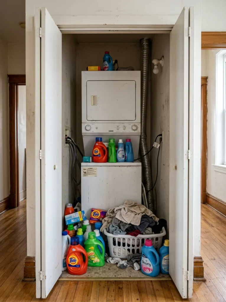 Small apartment laundry closet with limited storage before organization.