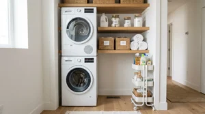 Modern small apartment laundry closet with stacked washer and dryer and smart storage solutions.