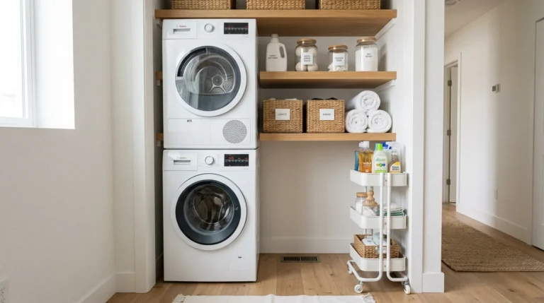 Modern small apartment laundry closet with stacked washer and dryer and smart storage solutions.