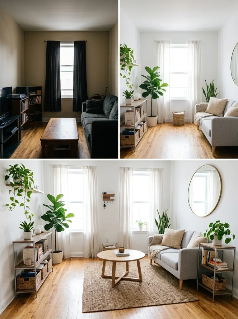 Before and after style inspiration showing how a small rental living room can feel bigger with simple decorating ideas.
