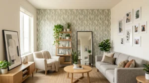 Modern rental apartment decorated with damage-free wall decor ideas using peel-and-stick wallpaper, leaning artwork, and freestanding furniture.