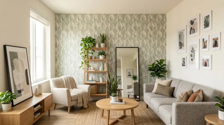 Modern rental apartment decorated with damage-free wall decor ideas using peel-and-stick wallpaper, leaning artwork, and freestanding furniture.