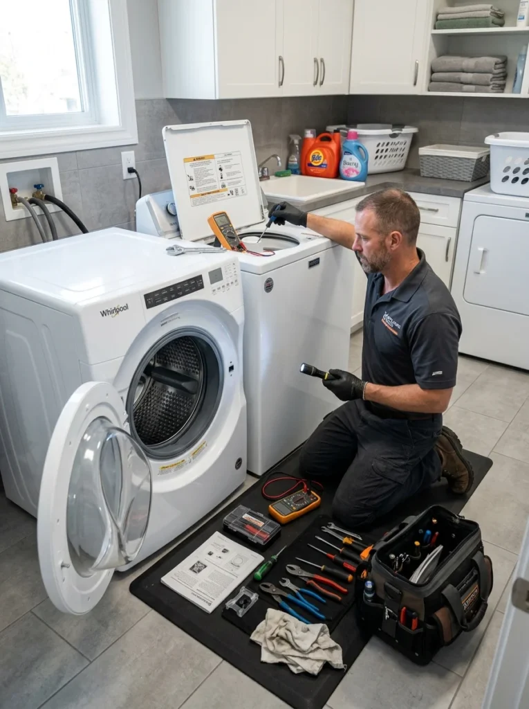 Technician servicing front-load and top-load washing machines