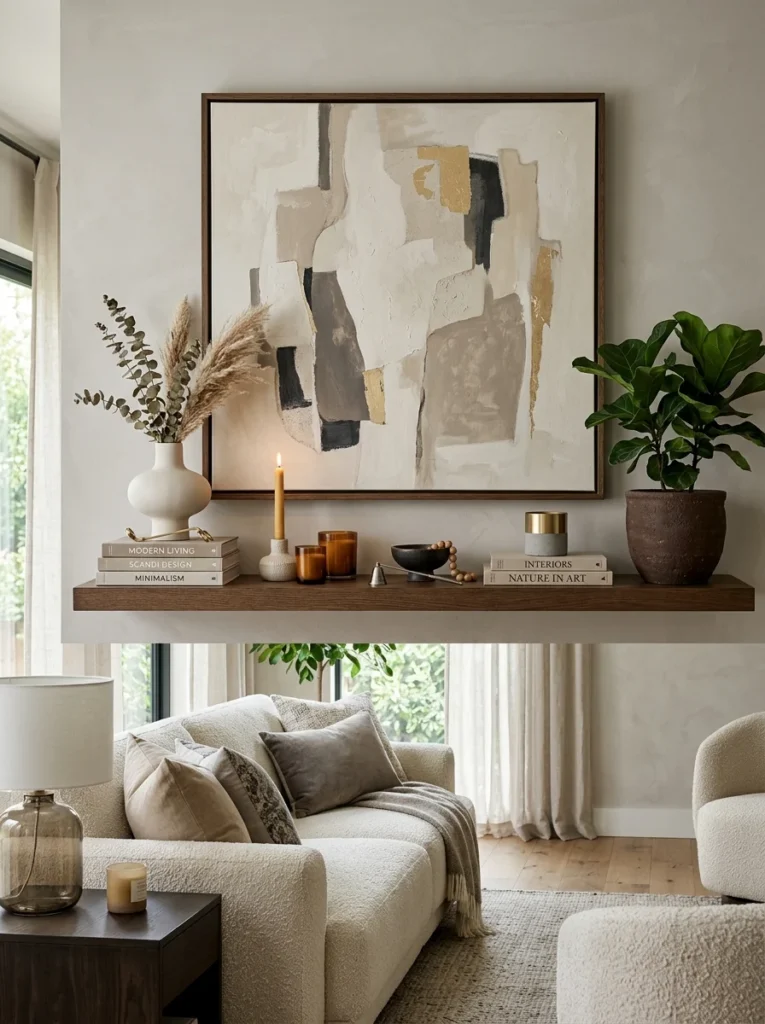 Floating shelf and artwork creating layered wall décor.