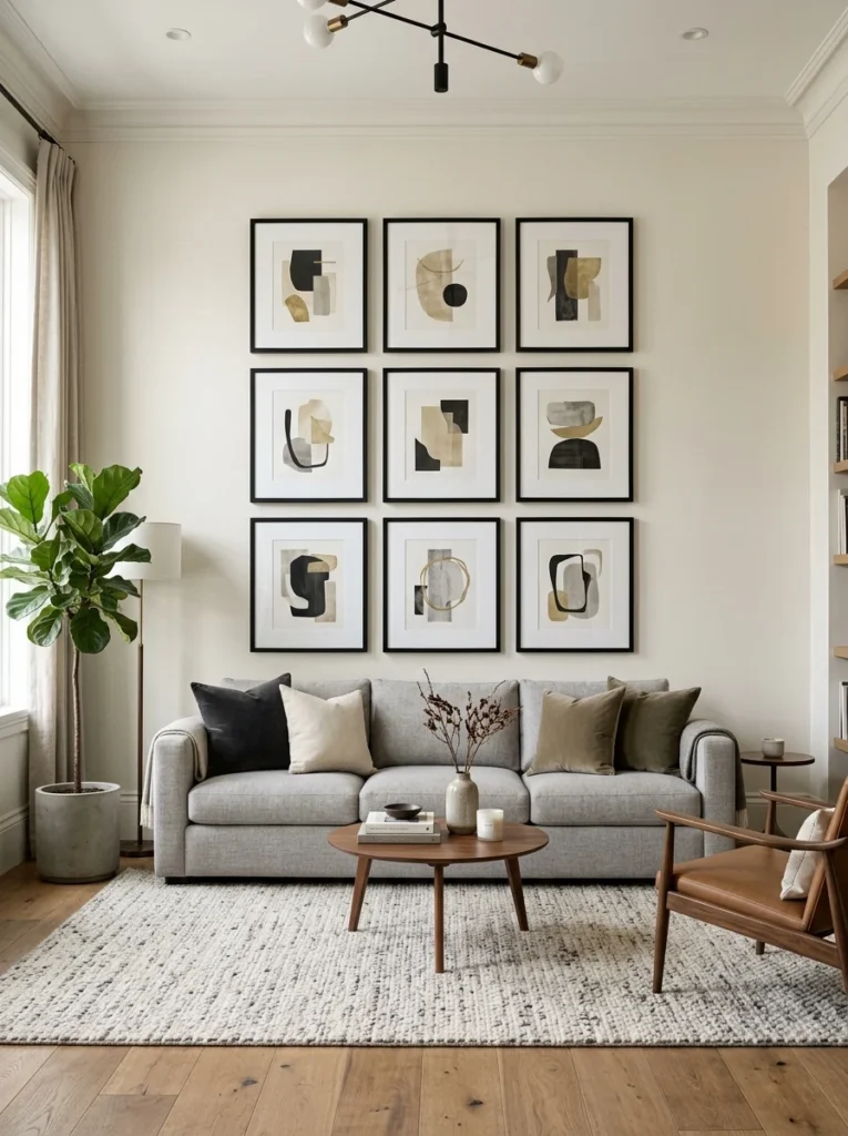 Perfectly hung wall artwork creating a polished living room.