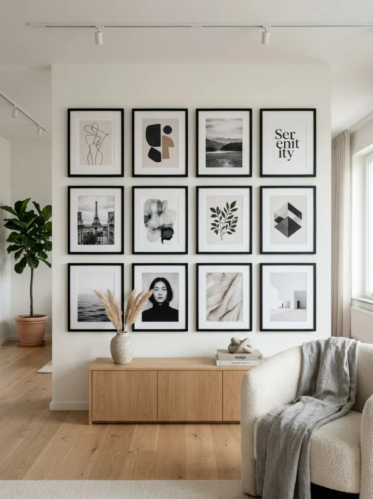Coordinated black frames displaying different affordable artwork.