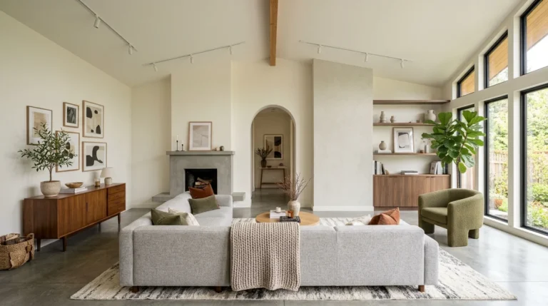 Modern awkward living room with a perfectly arranged sectional sofa creating a balanced and functional seating layout.