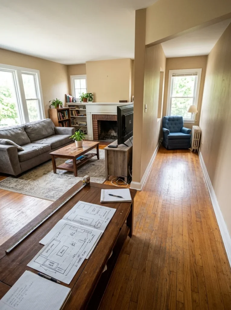 Awkward L-shaped living room with unused corner before creating a functional seating layout.