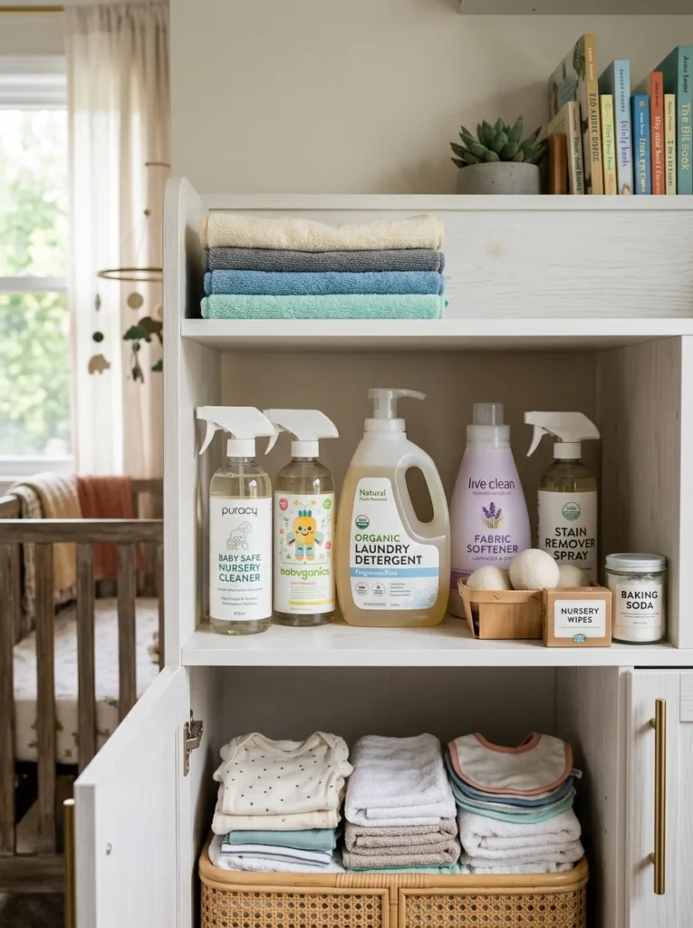 Non-toxic cleaning supplies organized for regular nursery maintenance.