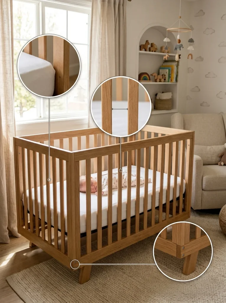 Safe baby crib showing proper mattress fit and safety features.