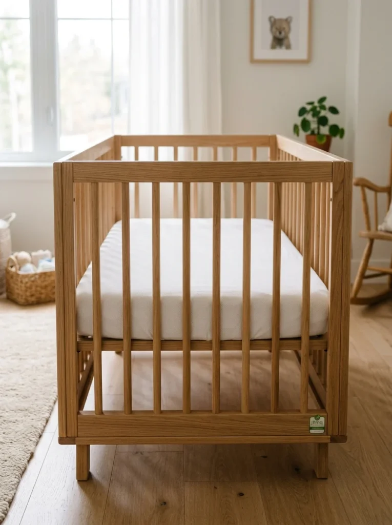 Certified baby crib with proper slat spacing and firm mattress following current safety standards.