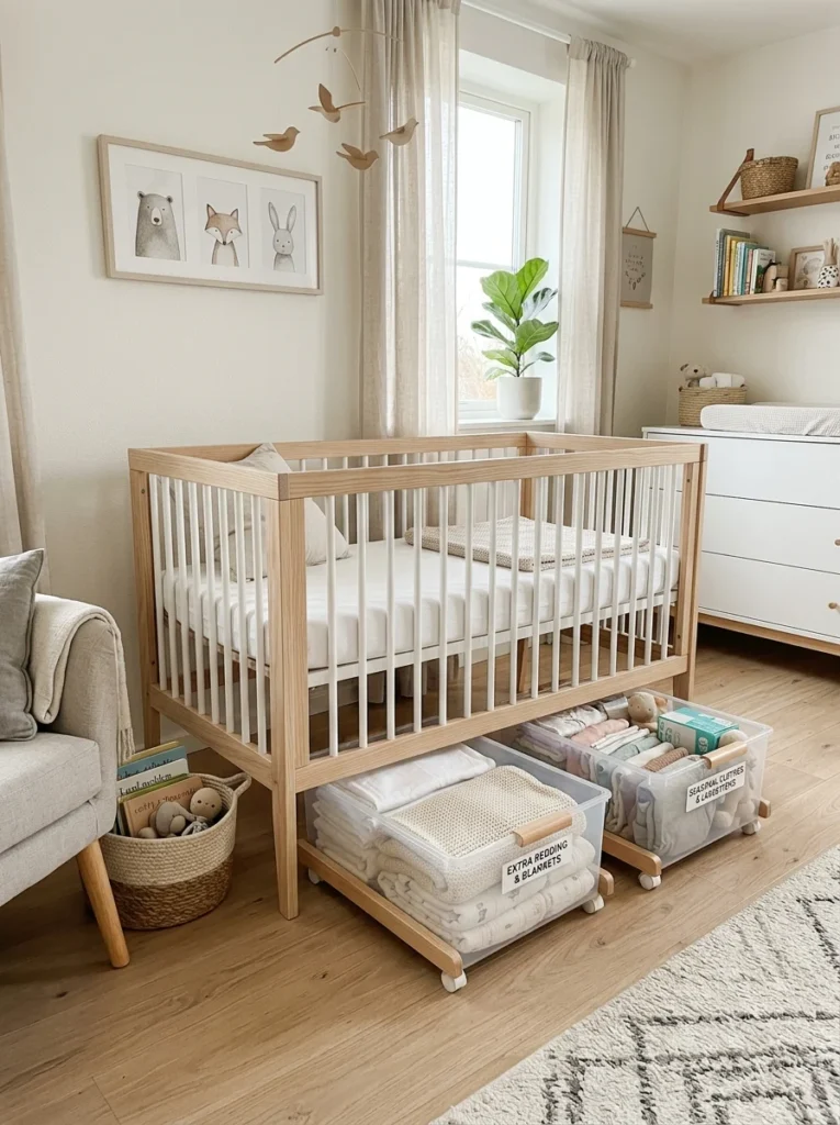 Storage bins neatly placed underneath a baby crib for extra nursery storage.