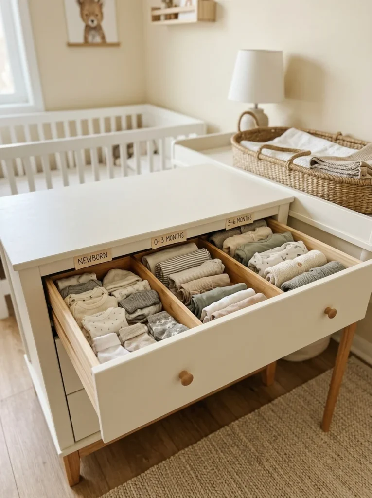 Baby clothes neatly organized inside dresser drawers using labeled size dividers.