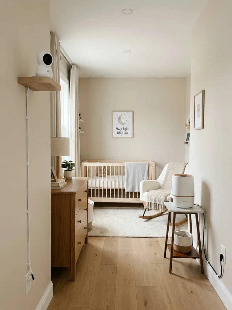 Baby monitor and humidifier safely positioned away from the crib.