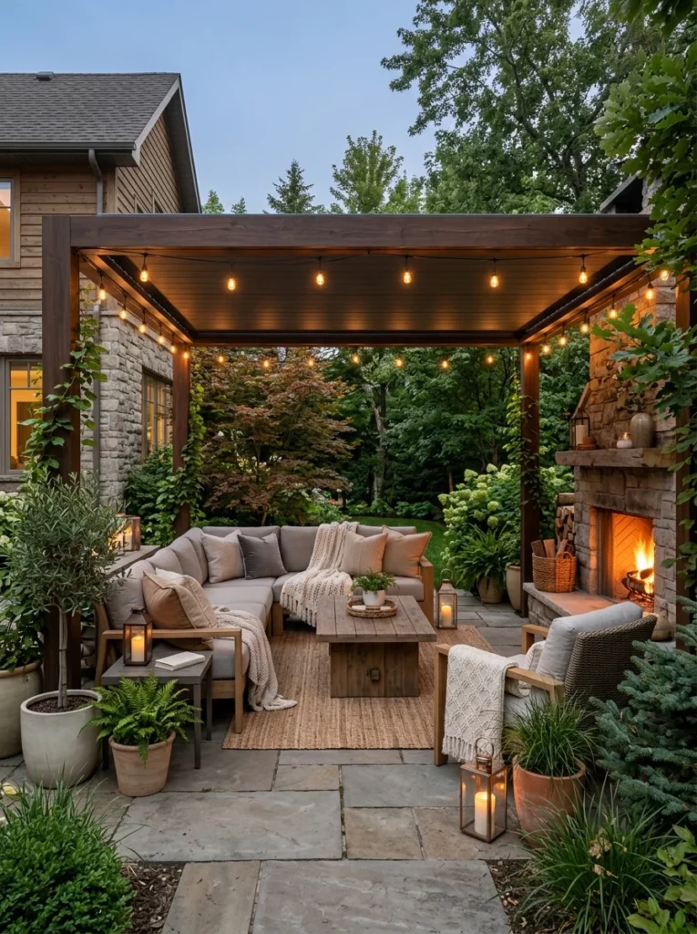 Beautiful outdoor living room designed for comfortable use throughout all four seasons.