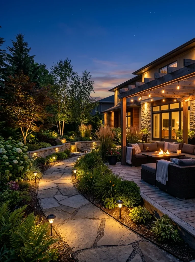 Solar-powered outdoor lights illuminating a modern backyard at night.