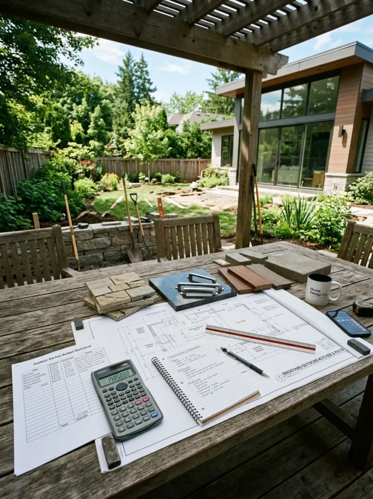Budget planning for an outdoor kitchen with cost estimates and construction materials.