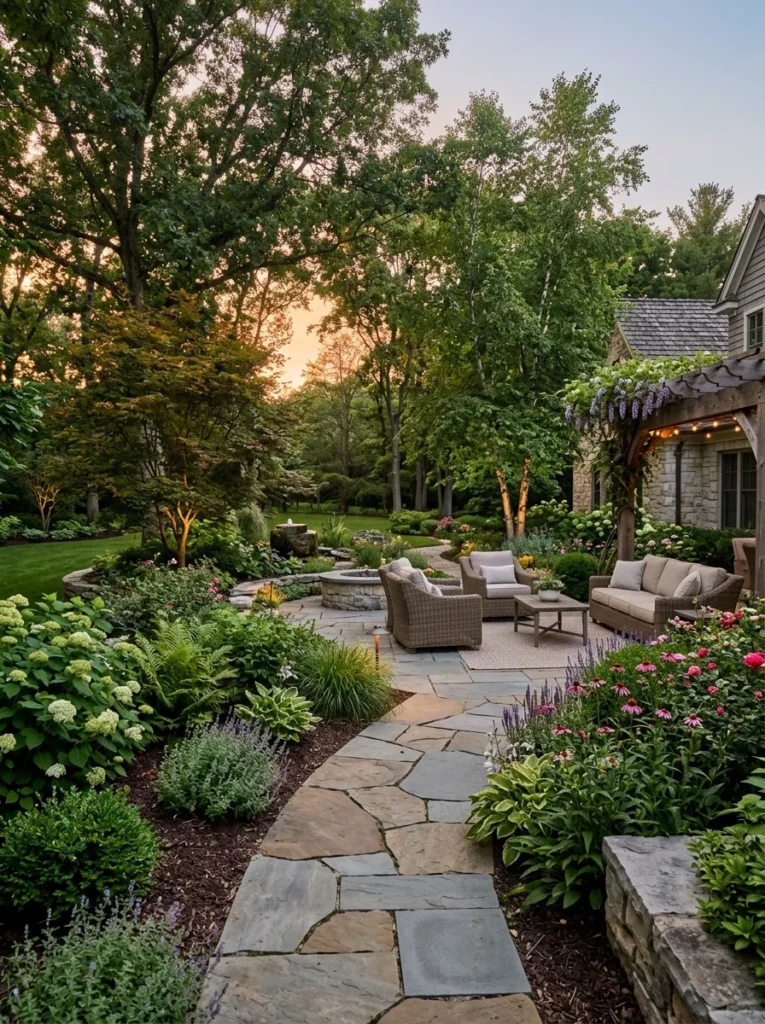 Completed backyard landscaping with layered plants, pathways, outdoor seating, and beautiful garden design.