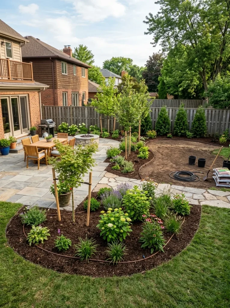 Backyard landscaping completed in stages with trees, patio, and developing garden beds.