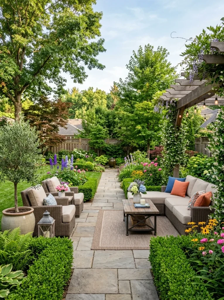 Inviting backyard landscape with outdoor seating, lush plants, stone paths, and well-designed garden spaces.