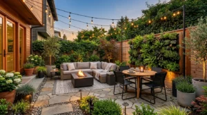 Modern small backyard with cozy seating, compact dining area, vertical garden, and stylish outdoor design.