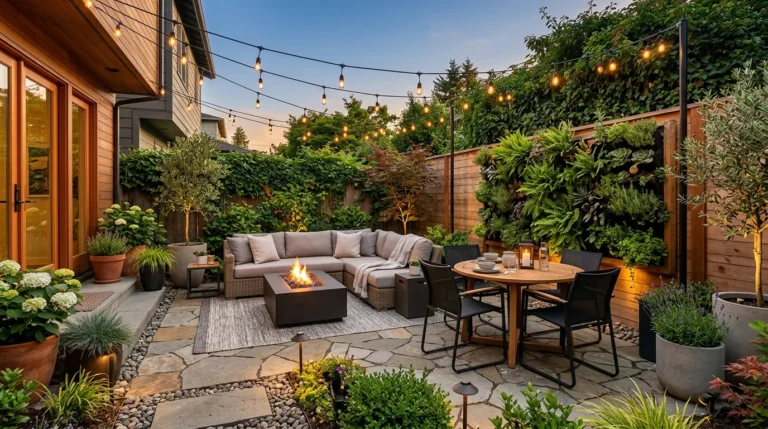 Modern small backyard with cozy seating, compact dining area, vertical garden, and stylish outdoor design.