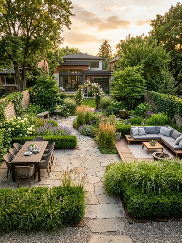 Backyard landscaping using plants to separate outdoor dining, seating, and relaxation areas.