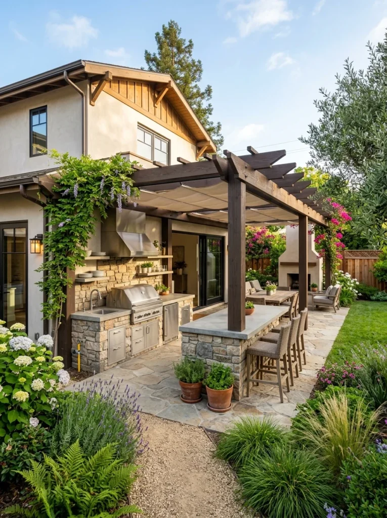 Outdoor kitchen installed near the home with shade, airflow, and convenient utility access.