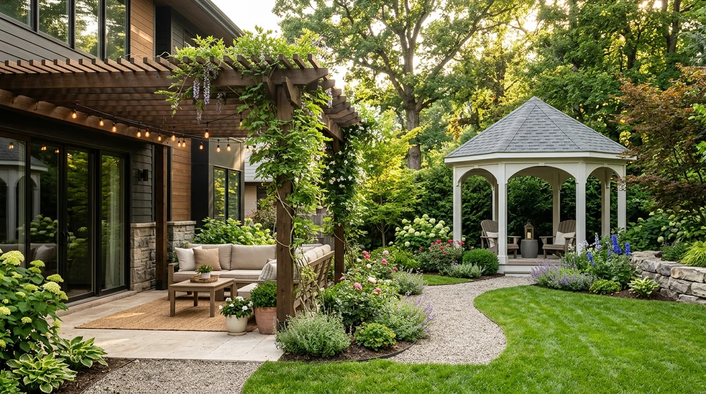 Modern backyard featuring a pergola attached to a patio and a freestanding gazebo surrounded by landscaped gardens.