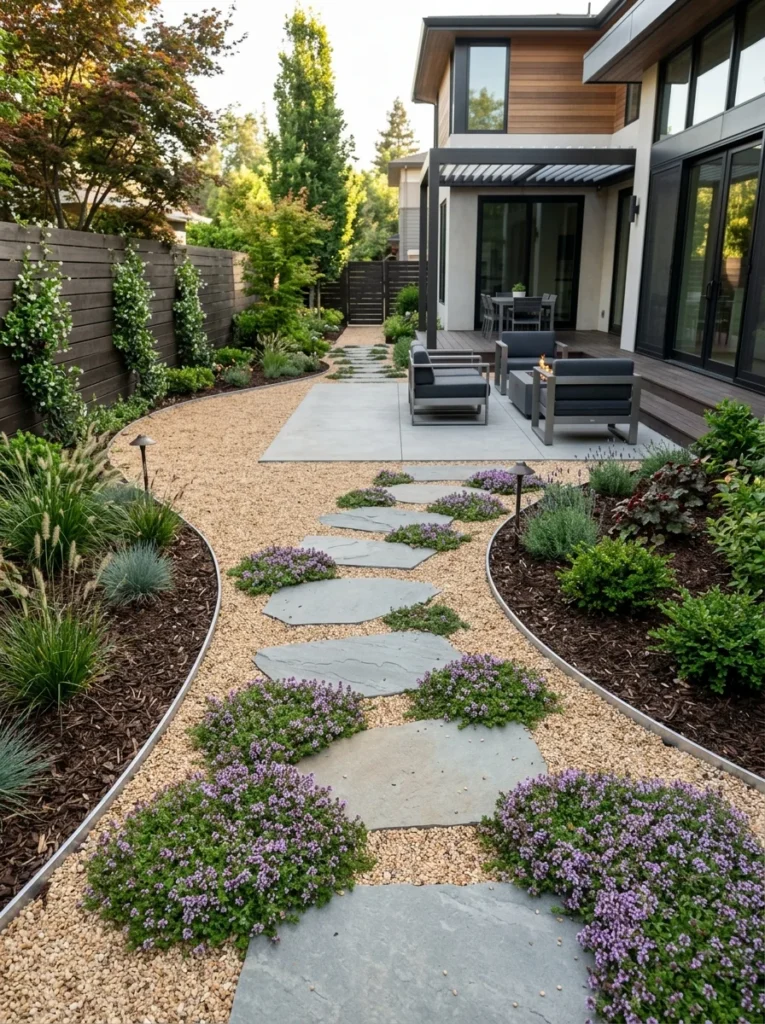 Modern backyard using decorative groundcover instead of a large grass lawn.