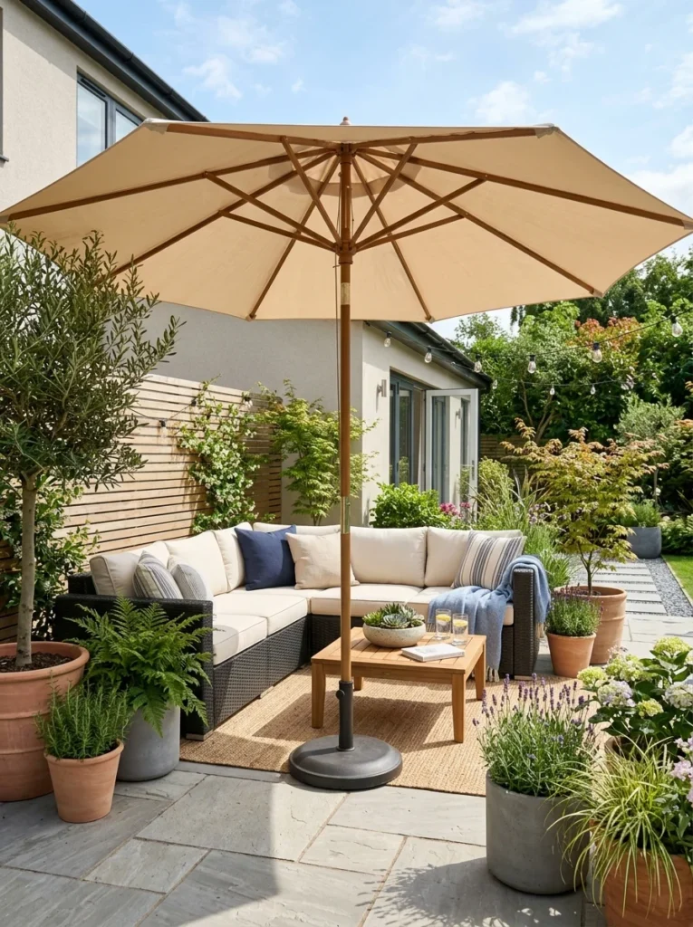 Outdoor seating area with a large umbrella providing affordable backyard shade.