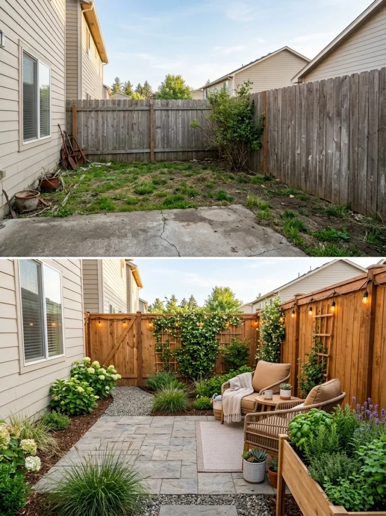 Tiny backyard transformed into a functional and stylish outdoor living space.