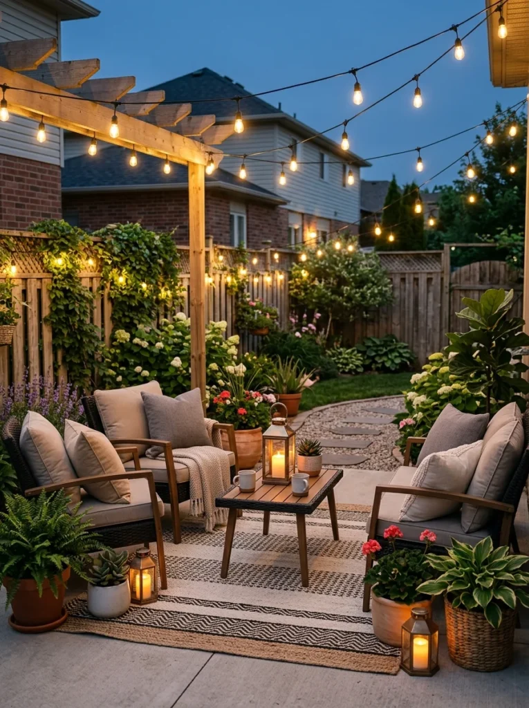 Small backyard transformed into a cozy outdoor living area with affordable furniture and warm lighting.