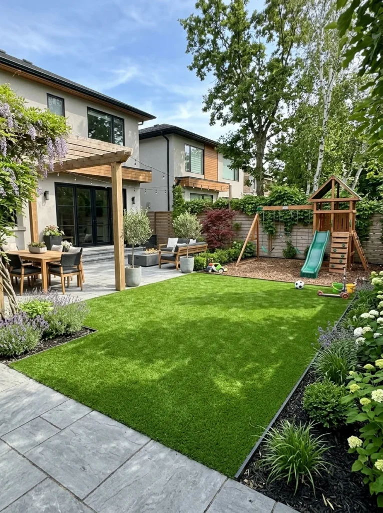 Modern backyard using artificial turf instead of natural grass.