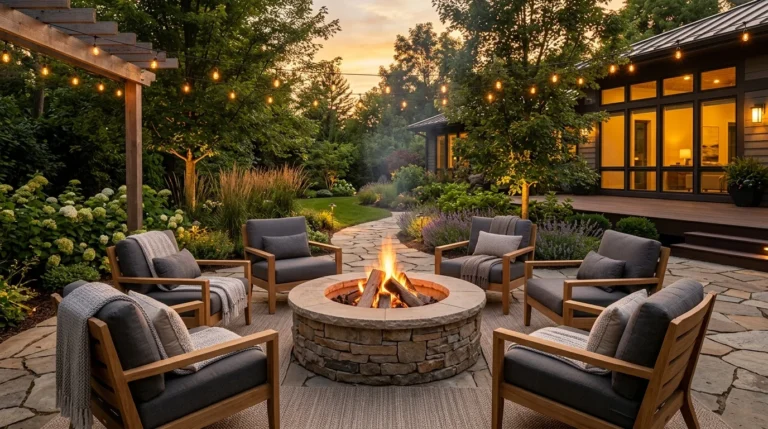 Modern backyard fire pit with stone patio, cozy seating area, and safe outdoor design.